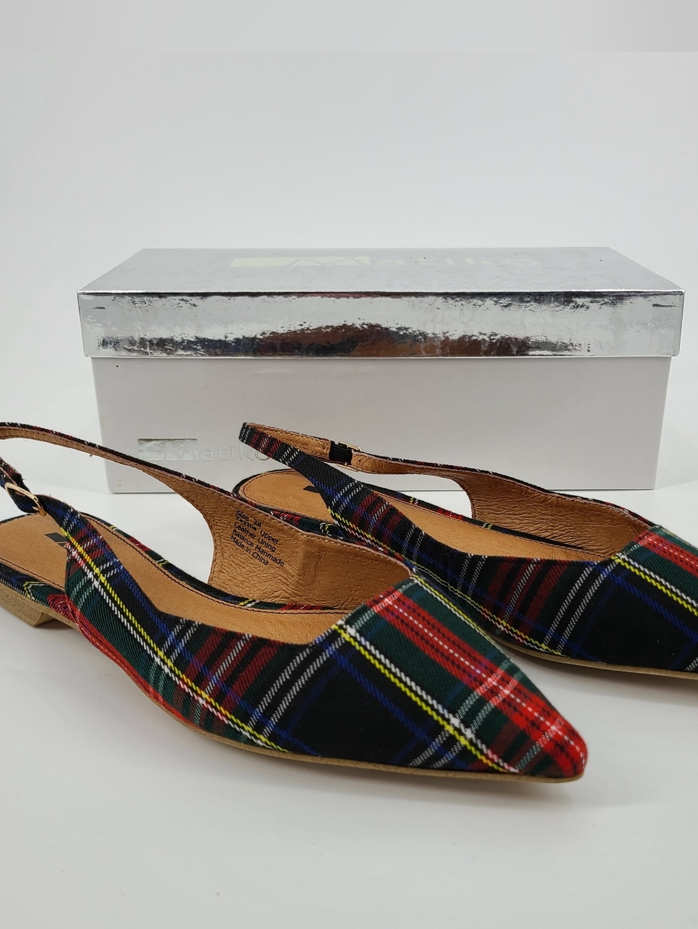 Matiko Plaid Pointed Toe Slingback Flats Size 6